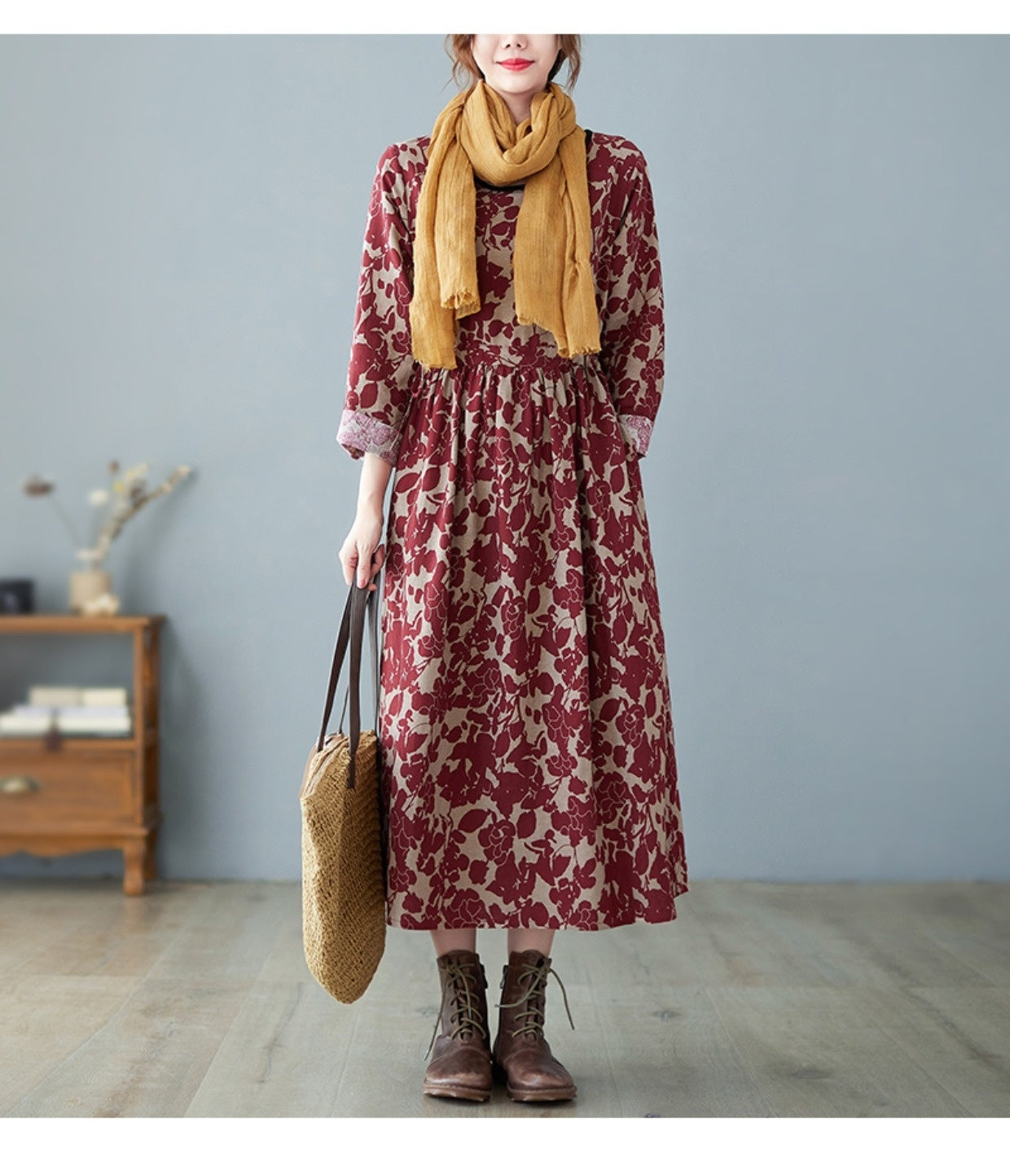 Retro Art Floral Print Cotton And Linen Dress (Imported)