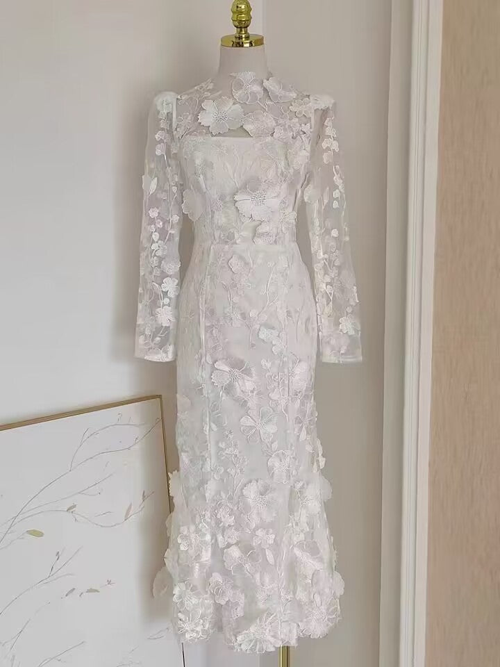 Colorful Three-dimensional Flower Embroidery Mesh Slim Fit Sheath Fishtail Dress (Imported)