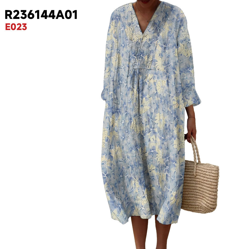 Women's Spring And Summer New Digital Printing Large Width V-neck Long-sleeve Dress (Imported)