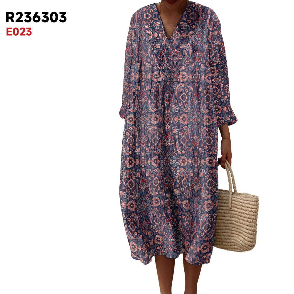 Women's Spring And Summer New Digital Printing Large Width V-neck Long-sleeve Dress (Imported)