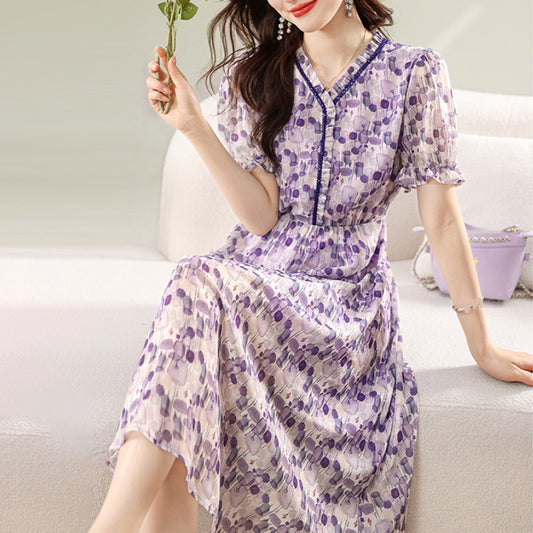 V-neck Tight Waist Commuting Elegant Dress
