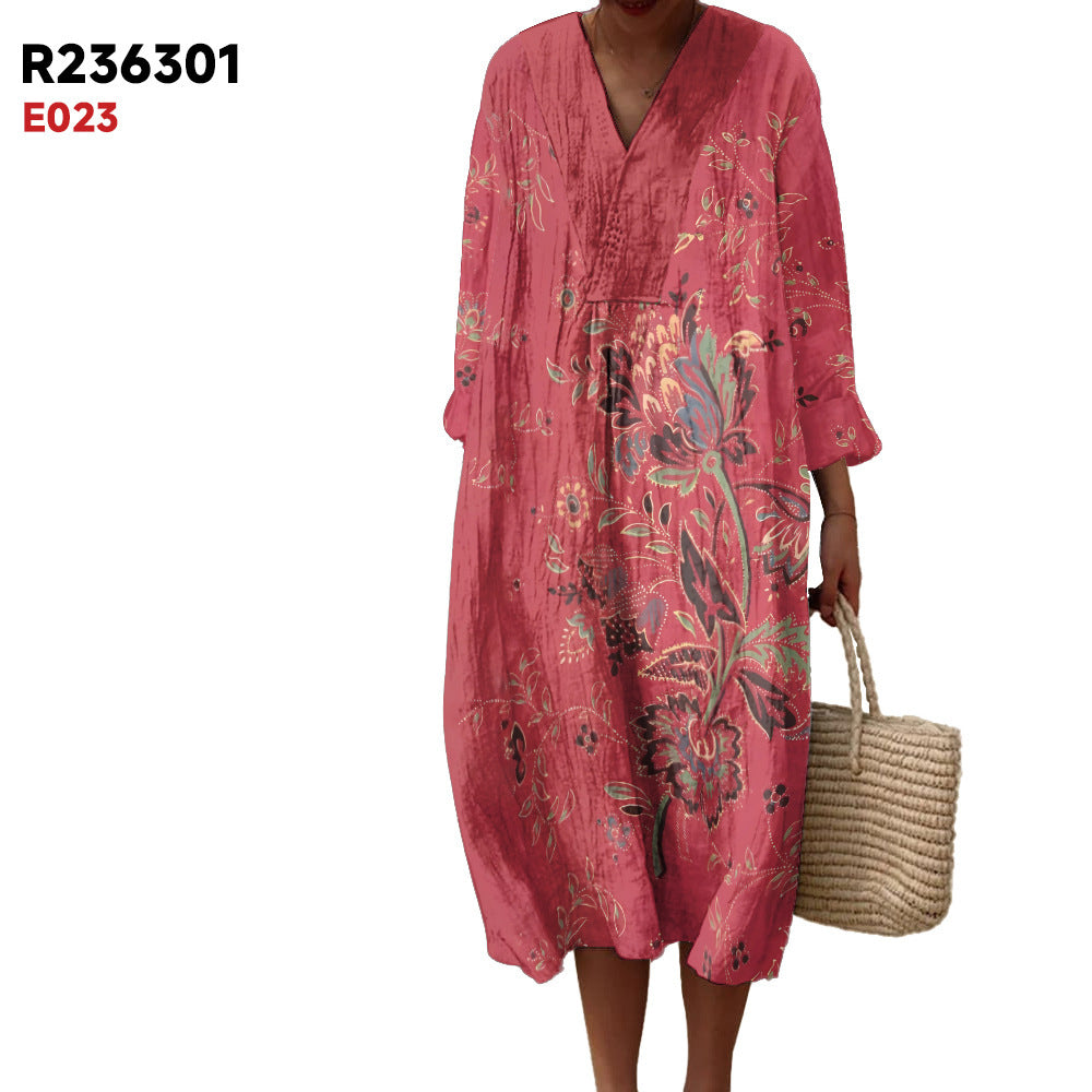 Women's Spring And Summer New Digital Printing Large Width V-neck Long-sleeve Dress (Imported)