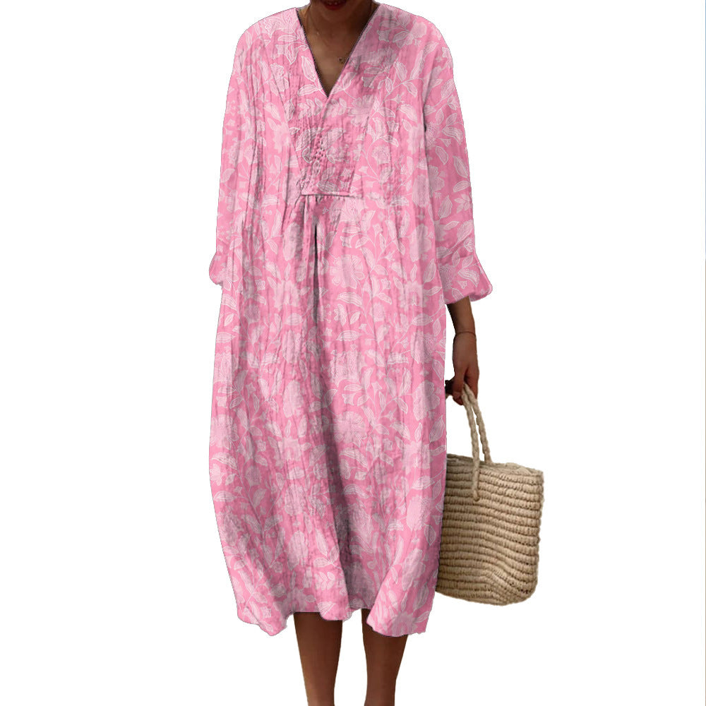 Women's Spring And Summer New Digital Printing Large Width V-neck Long-sleeve Dress (Imported)