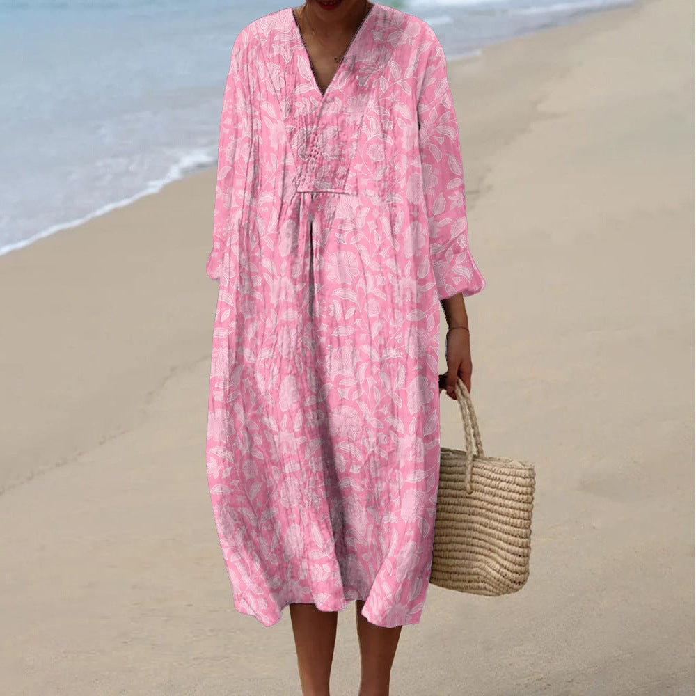 Women's Spring And Summer New Digital Printing Large Width V-neck Long-sleeve Dress (Imported)