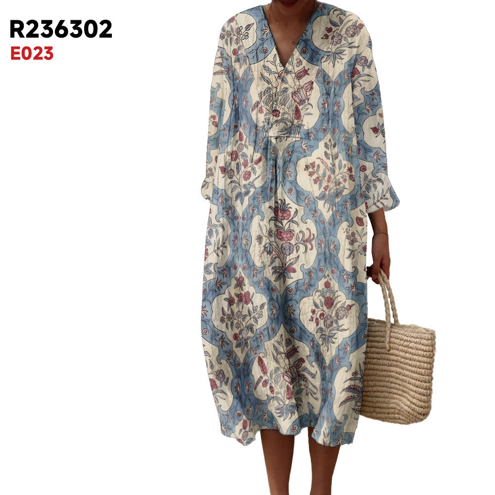 Women's Spring And Summer New Digital Printing Large Width V-neck Long-sleeve Dress (Imported)