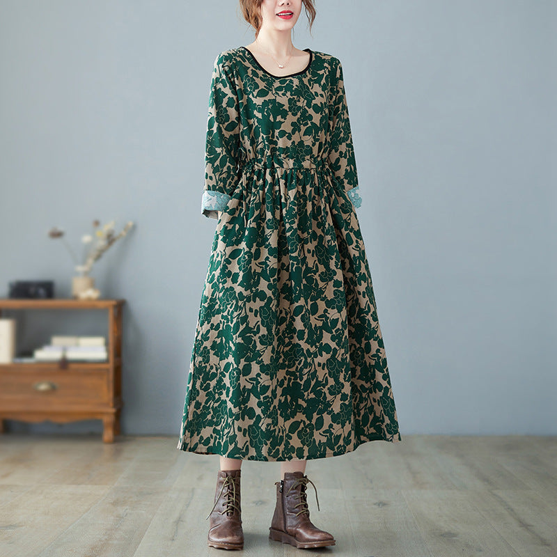 Retro Art Floral Print Cotton And Linen Dress (Imported)