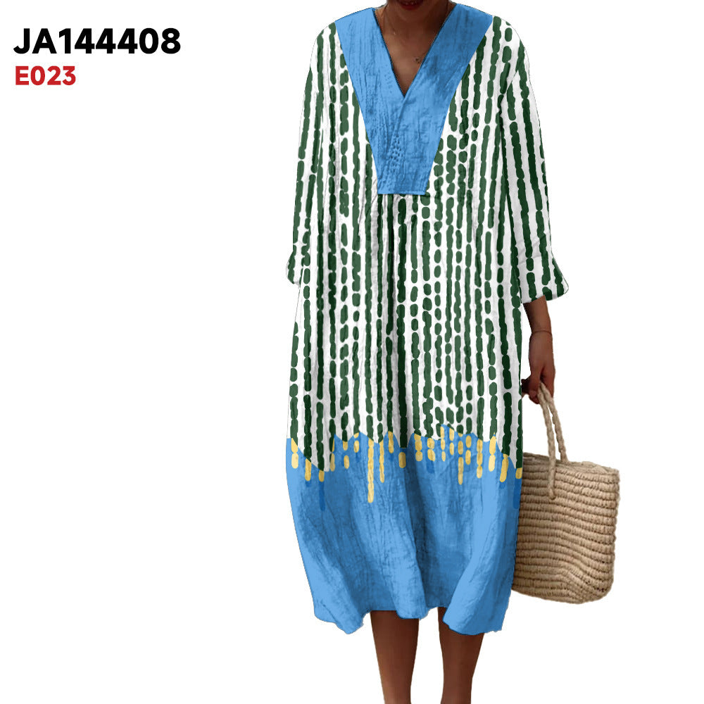 Women's Spring And Summer New Digital Printing Large Width V-neck Long-sleeve Dress (Imported)