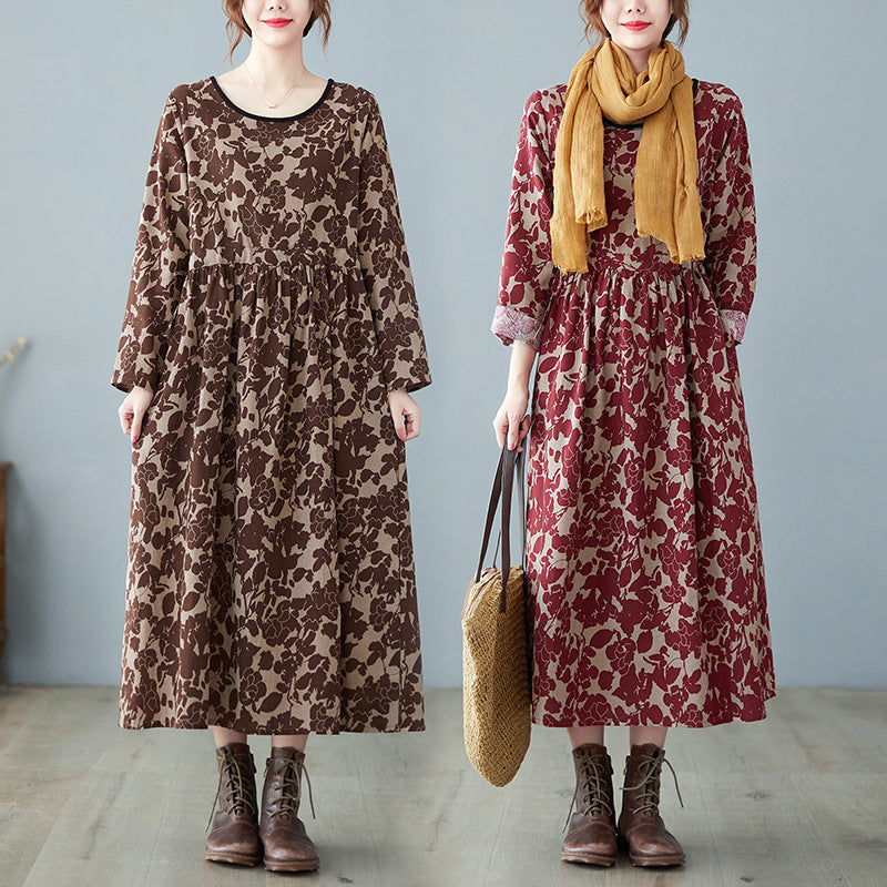 Retro Art Floral Print Cotton And Linen Dress (Imported)