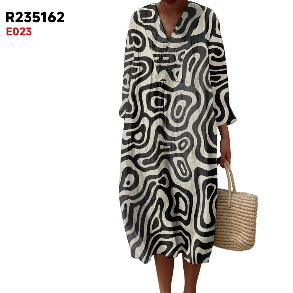 Women's Spring And Summer New Digital Printing Large Width V-neck Long-sleeve Dress (Imported)