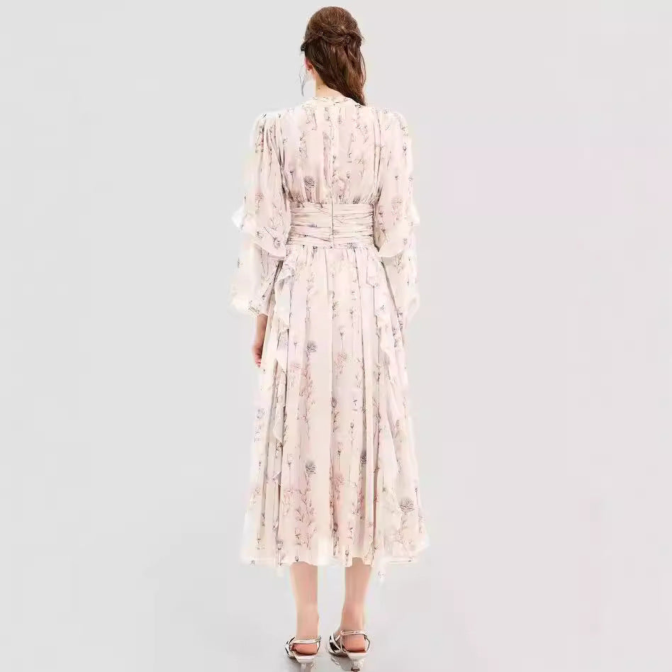 Chiffon Printed Ruffled Long Sleeve Dress