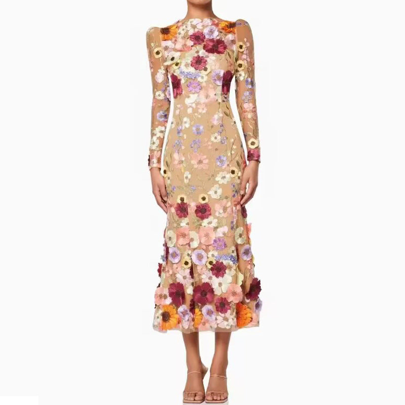 Colorful Three-dimensional Flower Embroidery Mesh Slim Fit Sheath Fishtail Dress (Imported)