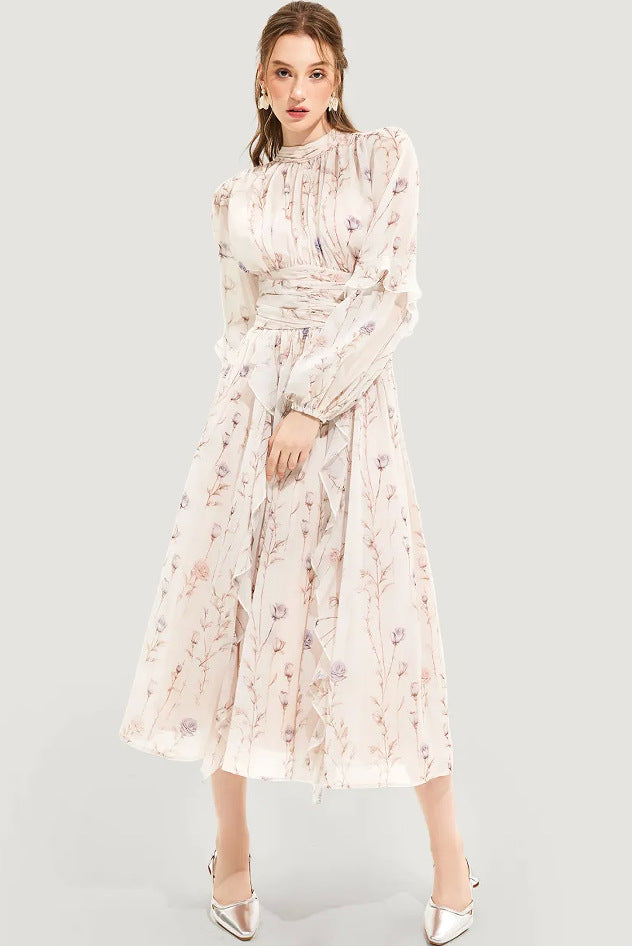 Chiffon Printed Ruffled Long Sleeve Dress