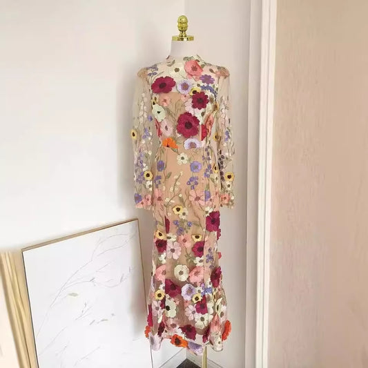 Colorful Three-dimensional Flower Embroidery Mesh Slim Fit Sheath Fishtail Dress (Imported)