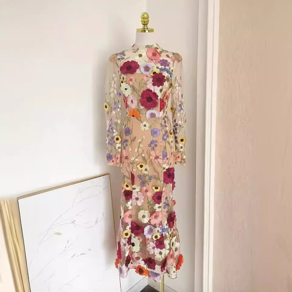 Colorful Three-dimensional Flower Embroidery Mesh Slim Fit Sheath Fishtail Dress (Imported)