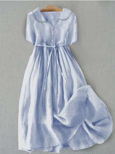 Women's Casual Loose Solid Color Cotton And Linen Dress (Imported)