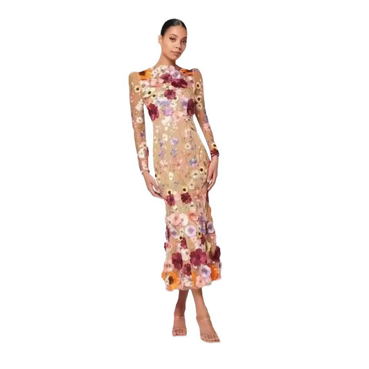 Colorful Three-dimensional Flower Embroidery Mesh Slim Fit Sheath Fishtail Dress (Imported)