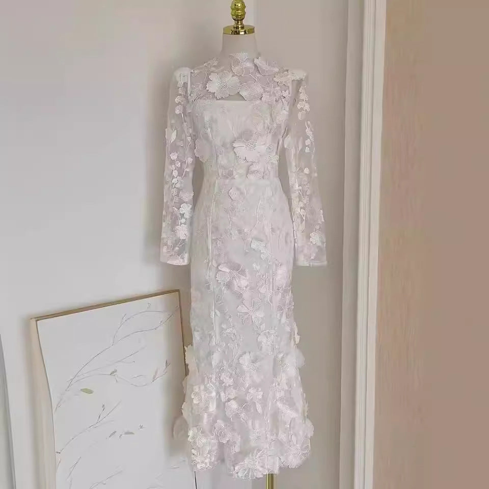 Colorful Three-dimensional Flower Embroidery Mesh Slim Fit Sheath Fishtail Dress (Imported)