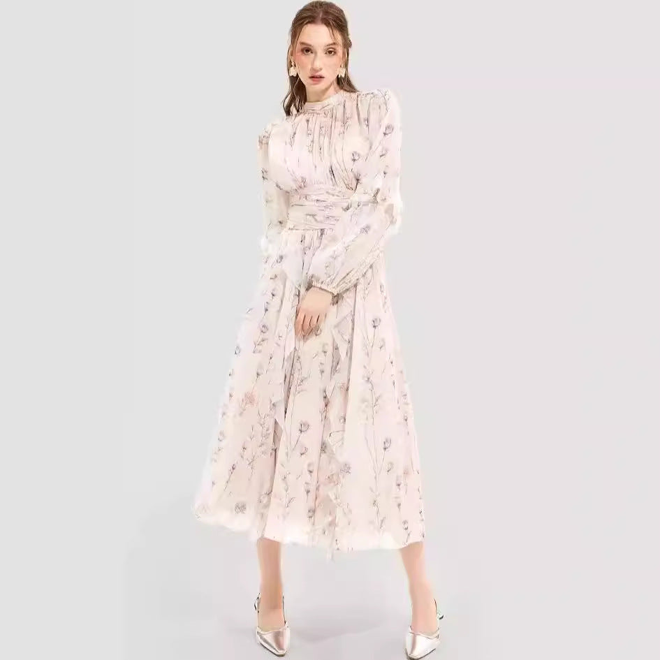 Chiffon Printed Ruffled Long Sleeve Dress