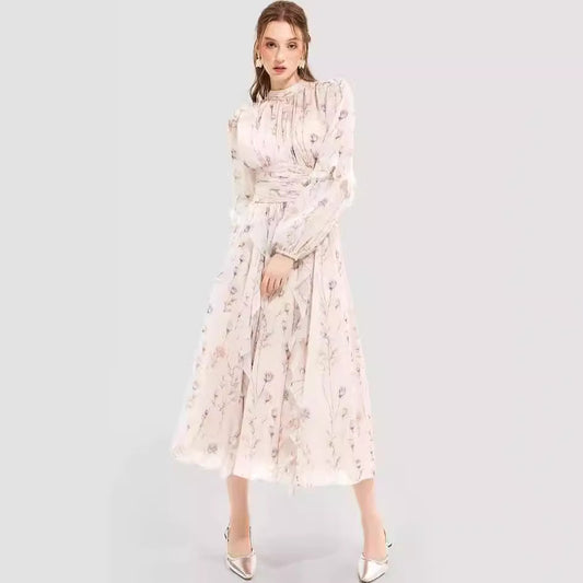 Chiffon Printed Ruffled Long Sleeve Dress