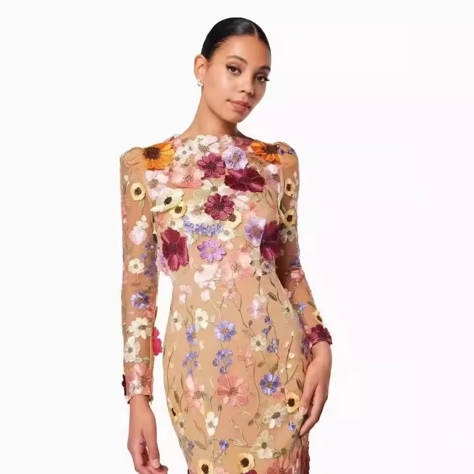 Colorful Three-dimensional Flower Embroidery Mesh Slim Fit Sheath Fishtail Dress (Imported)