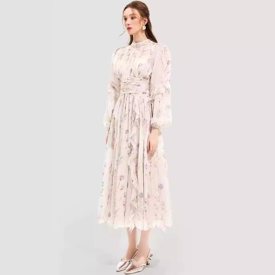 Chiffon Printed Ruffled Long Sleeve Dress