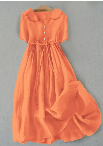 Women's Casual Loose Solid Color Cotton And Linen Dress (Imported)