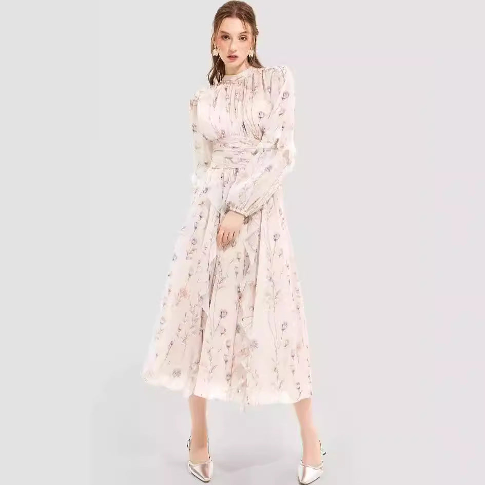 Chiffon Printed Ruffled Long Sleeve Dress