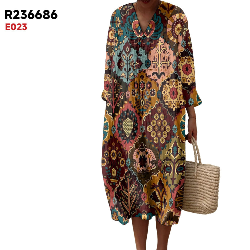 Women's Spring And Summer New Digital Printing Large Width V-neck Long-sleeve Dress (Imported)