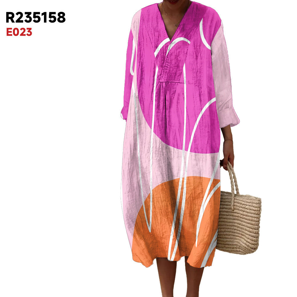 Women's Spring And Summer New Digital Printing Large Width V-neck Long-sleeve Dress (Imported)