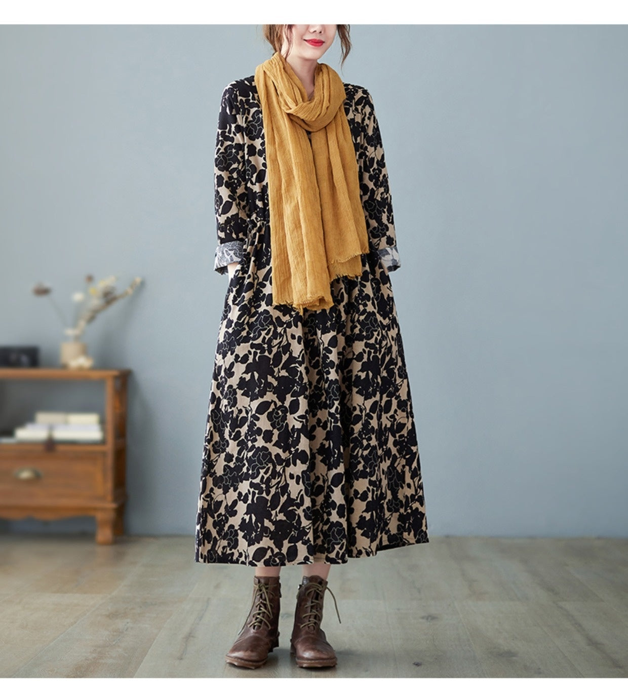 Retro Art Floral Print Cotton And Linen Dress (Imported)