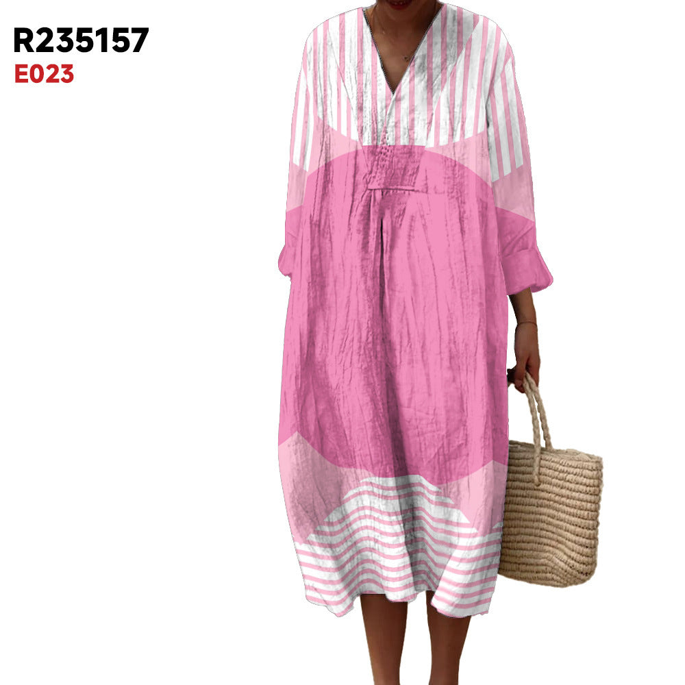 Women's Spring And Summer New Digital Printing Large Width V-neck Long-sleeve Dress (Imported)